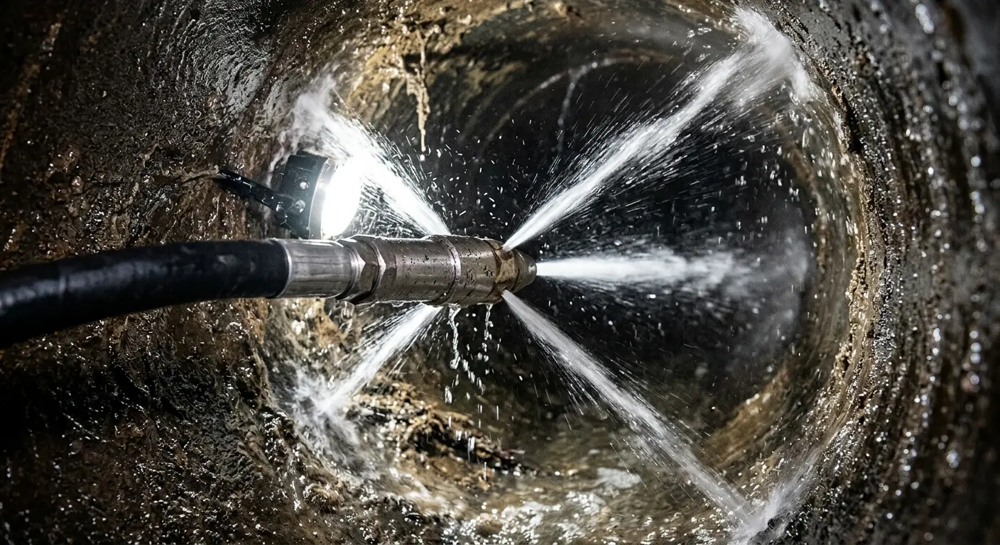 High-pressure hydro jetting nozzle cleaning sewer pipe for Sewer Cleanout in Sanger