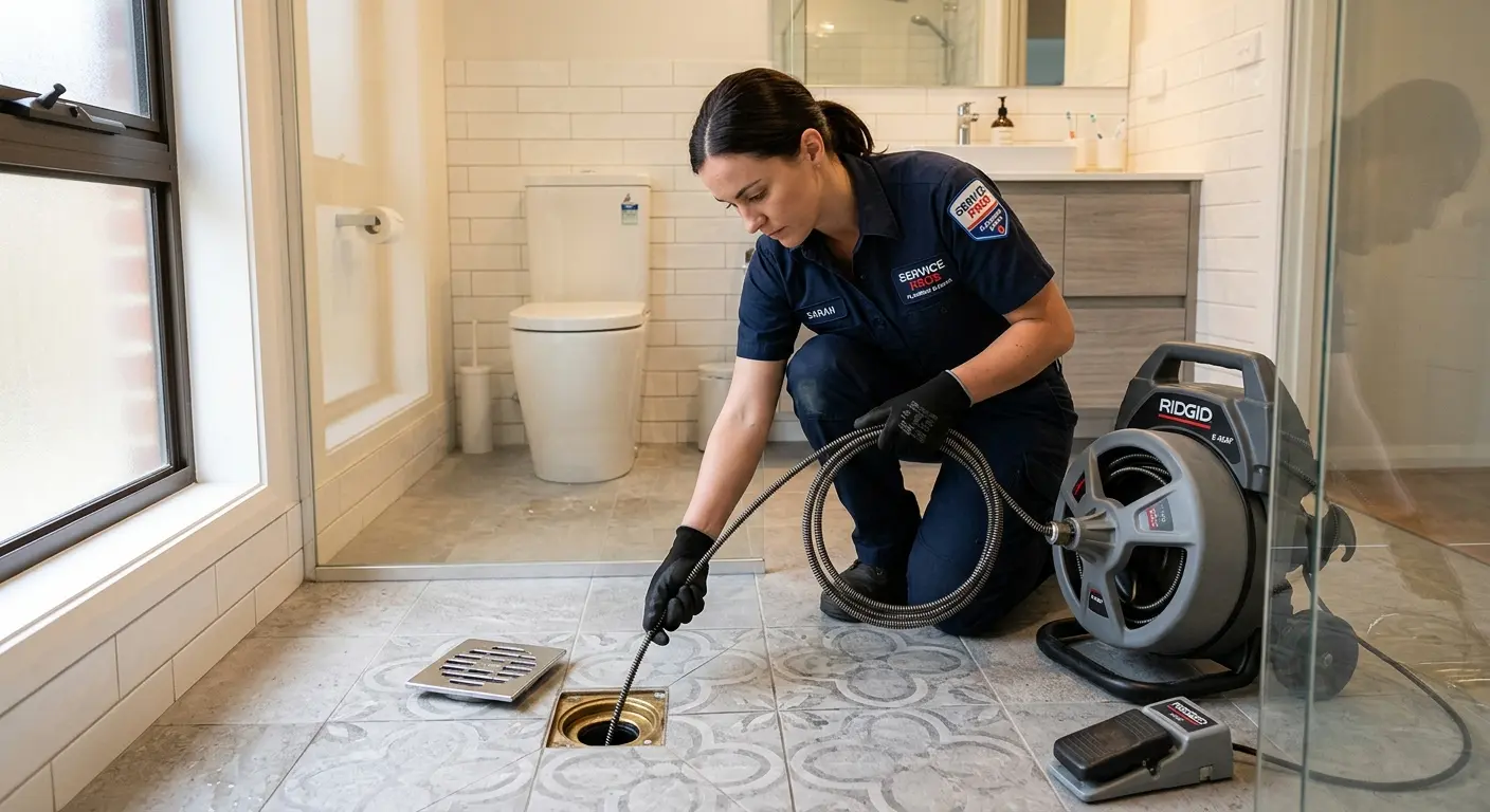 Technician clearing a bathroom floor drain for Drain Cleaning in Sanger